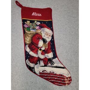 Vtg Needlepoint Christmas Stocking Santa Bag Presents Chimny 20 Inch Alice Name
